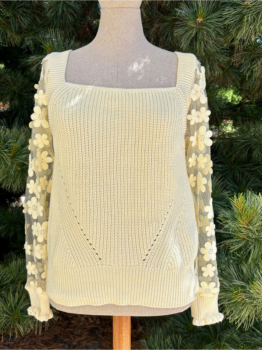 Light Yellow Square-Neck Floral Sleeve Knit Sweater